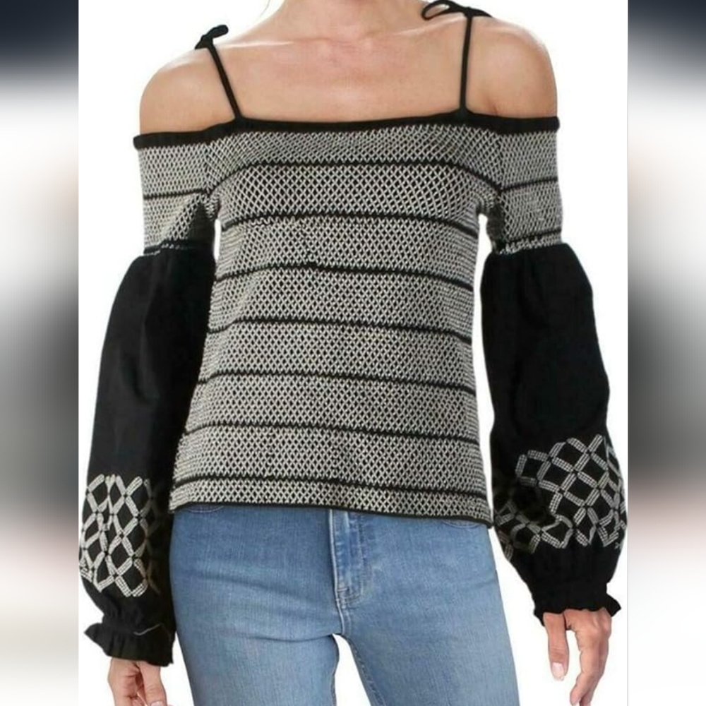 Black and White Off-Shoulder Smocked Top In Size Small